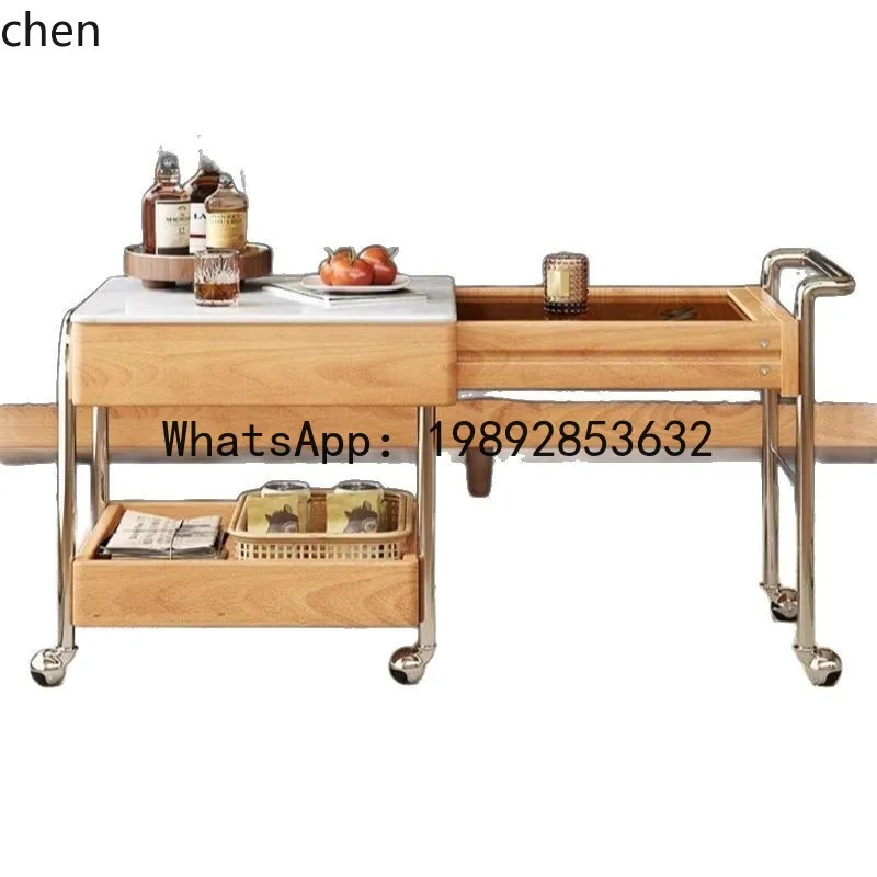 

P30 Living Room Wheeled Movable Solid Wood Coffee Table Foldable Multi-layer Rock Board Side Table