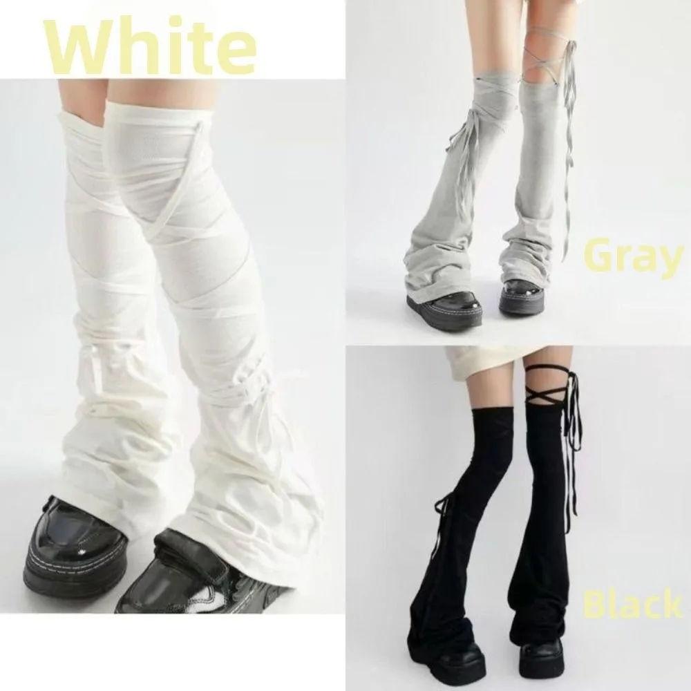 Kawaii Y2K Over Knee High Sock Lace Up Closure Solid Color Women's Leg Warmers Breathable Korean-Style Leg Stockings Cosplay