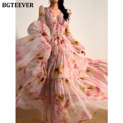 BGTEEVER Elegant V-neck Slim Waist Floral Dress for Women Long Sleeve Female A-line Dress Spring Summer Vestidos