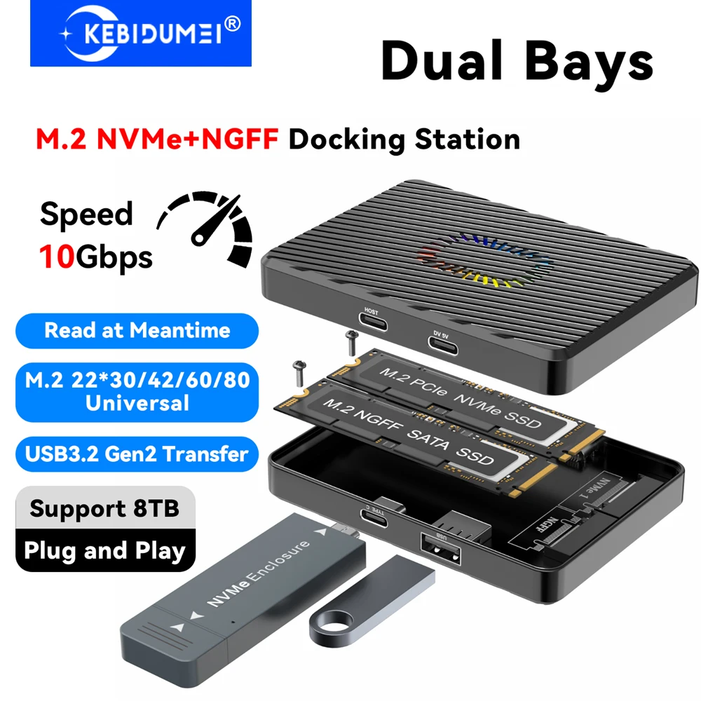 

4-in-1 USB C Docking Station Dual Bay M.2 Enclosure NVMe SATA SSD Hubs USB A/C 3.2 Gen2 10Gbps External USB C HUB for PC Laptop