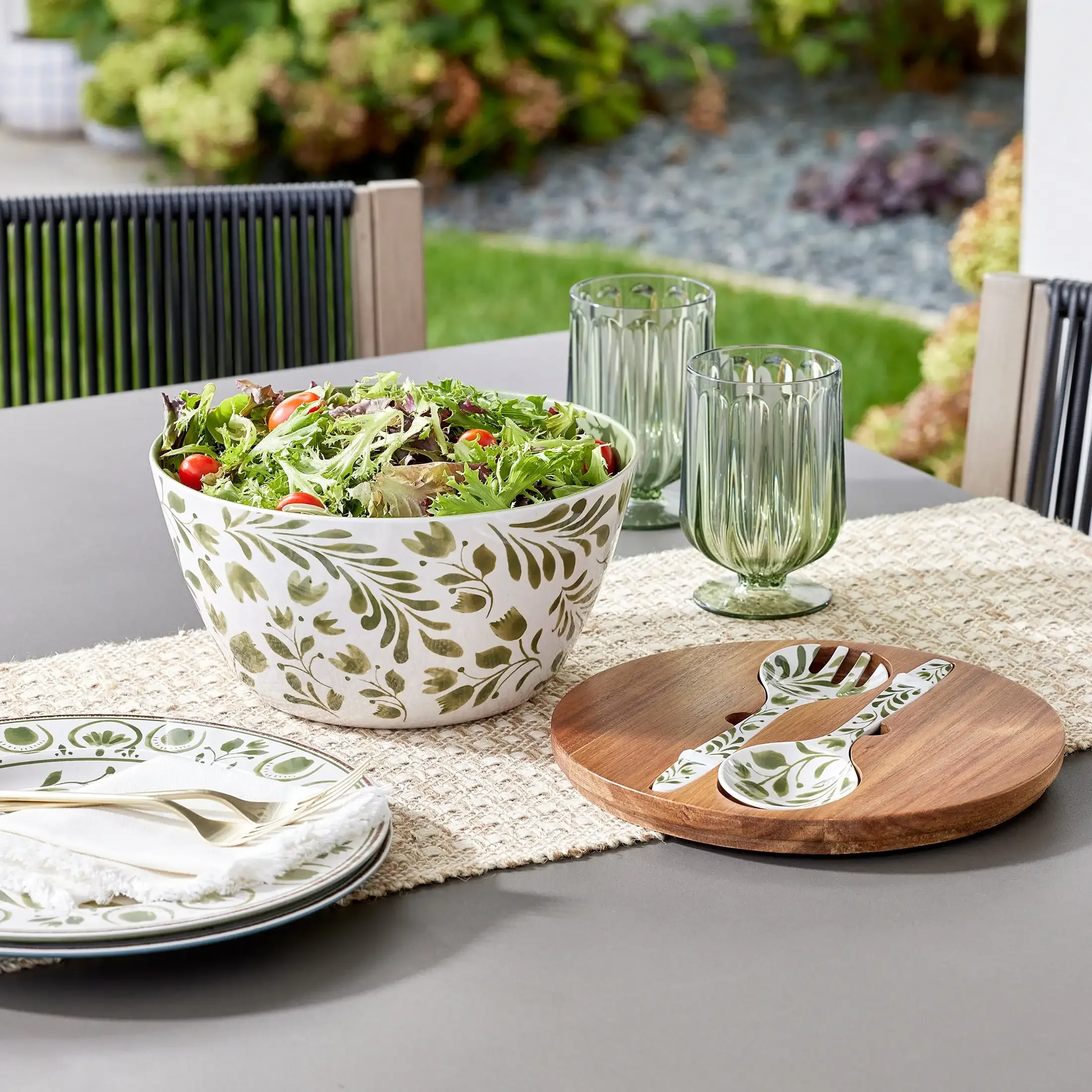 Better Homes & Gardens Набор из 4 бамбуковых меламиновых салатов и посуды с крышкой из дерева акации, зеленый