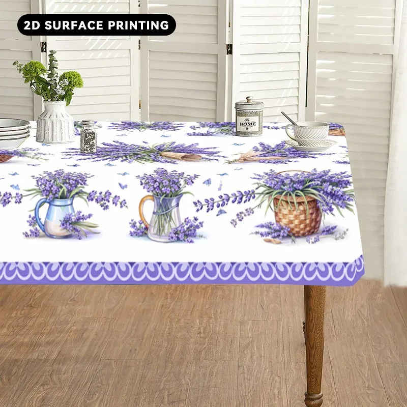 1pc Rectangular Tablecloth Lavender Bouquet Pattern Tablecloth, Country Style Home Decor, Luxurious Polyester Design, Suitable for Dining Tables, Conference Tables, Indoor And Outdoor Use, Perfect for Weddings, Birthdays, Picnics, And Holidays