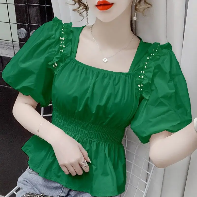 Summer New French Tighten the Waist Fashion Short Sleeve T-shirt Women Solid Square Neck Pearl Folds Chiffon Bubble Sleeve Tops