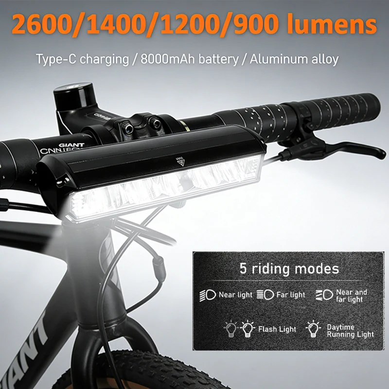 

Bicycle Front Light 8000mAh 5 LED MTB Flashlight 2600LM 1400 Bike Headlight Road Cycling Lamp USB-charged Waterproof Bike Light