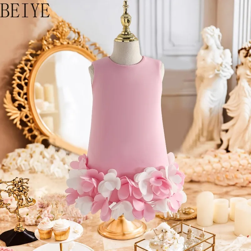

Fashion Solid Color Princess Dress for Kids Summer New Three Dimensional Flower Dress Girls Sweet Piano Performance Dress