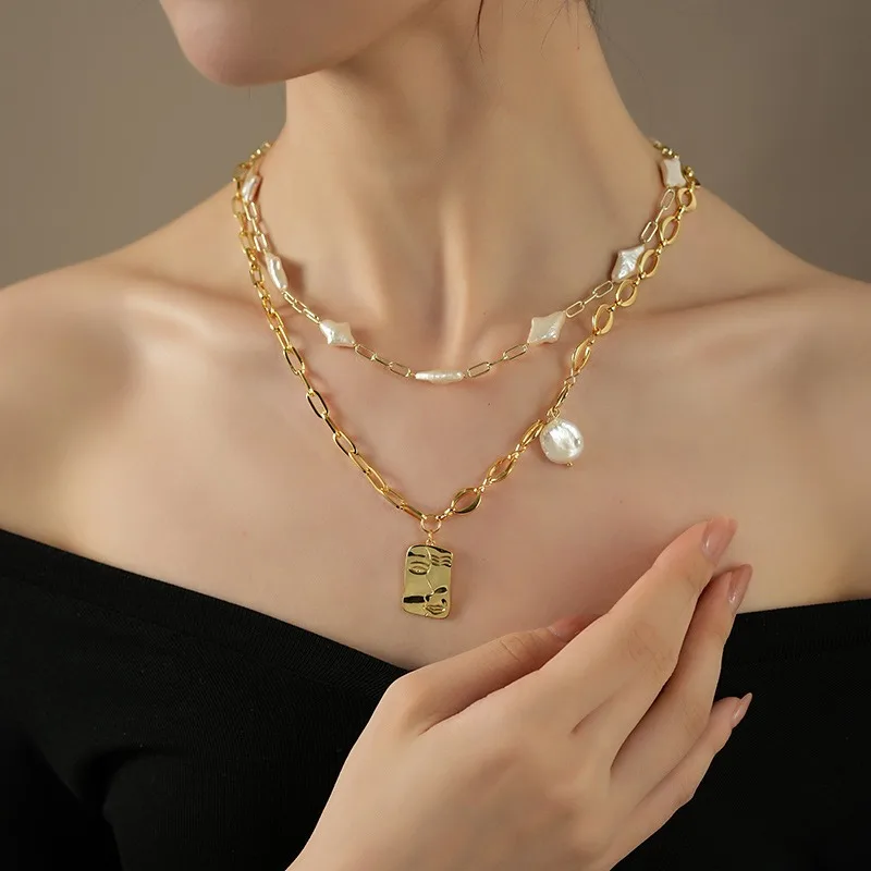 Abstract Face Baroque Pearl Layered Necklace Gold Paperclip Chain Irregular Pearl Artistic Portrait Pendant Jewelry Gift