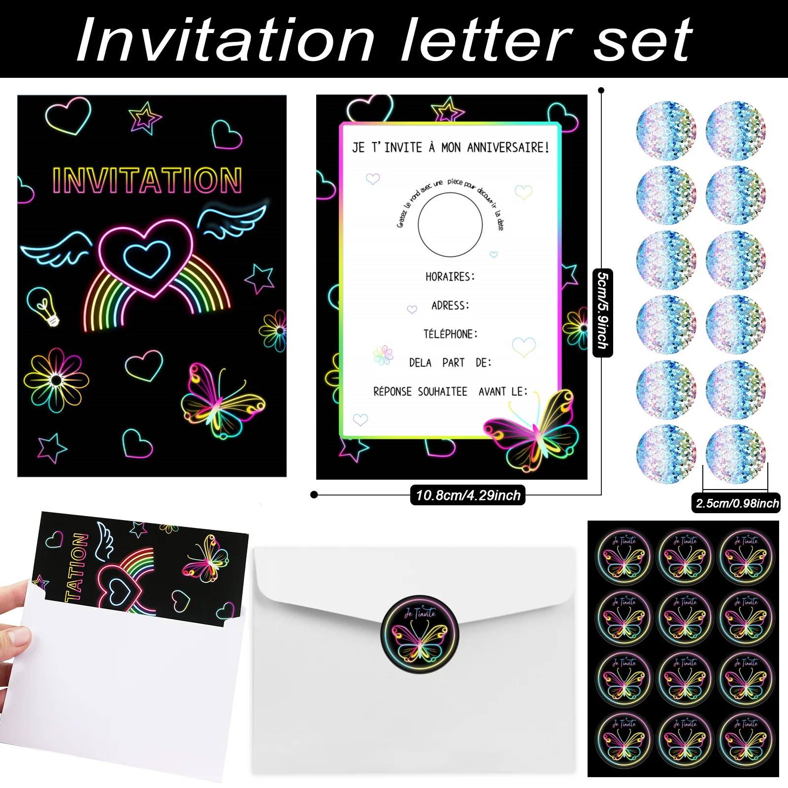 12 Neon Butterfly and Rainbow Birthday Invitations with Scratch off Function, Including Envelope - Celebration Invitation Card