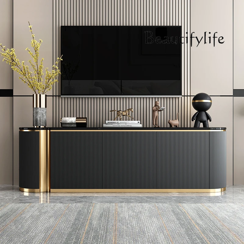 Italian light luxury TV cabinet coffee table combination simple modern rock slab background wall  apartment high floor cabinet