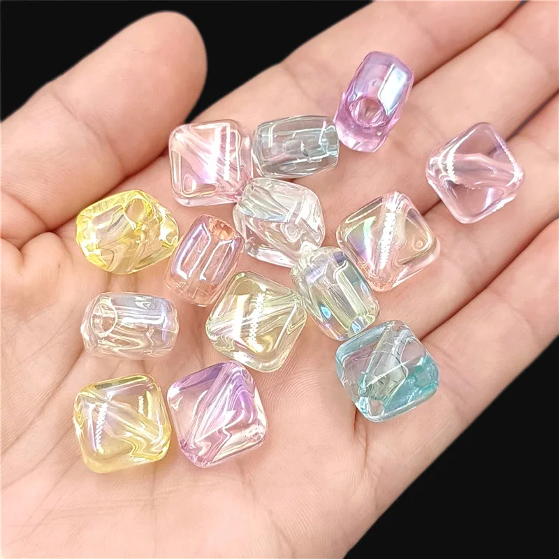 10pcs/bag 13mm UV Dazzle Color Acrylic Handmade Transparent Square Beads with Diagonal Hole DIY Bracelet Necklace Making