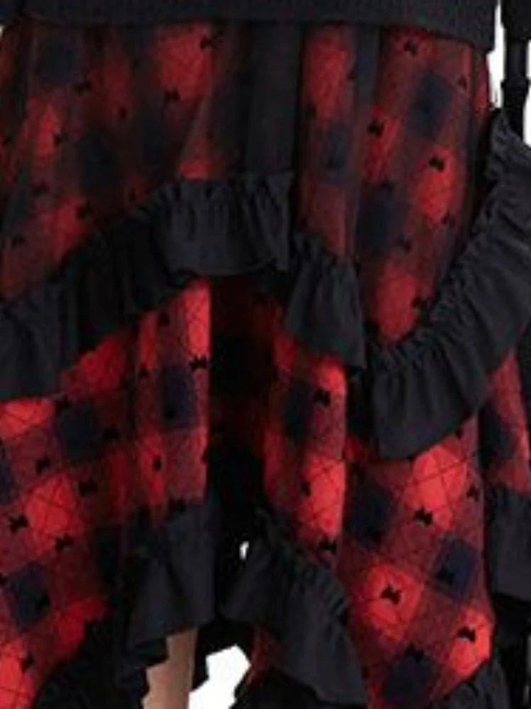 Y2k Ästhetische Plaid Patchwork Rüschen Röcke Frauen Harajuku Hohe Taille Unregelmäßigen Vintage Rock Bogen Druck Streetwear Faldas