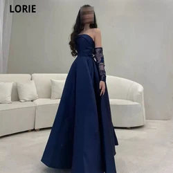 LORIE Navy Blue Lace Sleeves Prom Dresses Women 2022 Off The Shoulder Satin Saudi Arabia Robes De Soirée Formal Evening Dresses