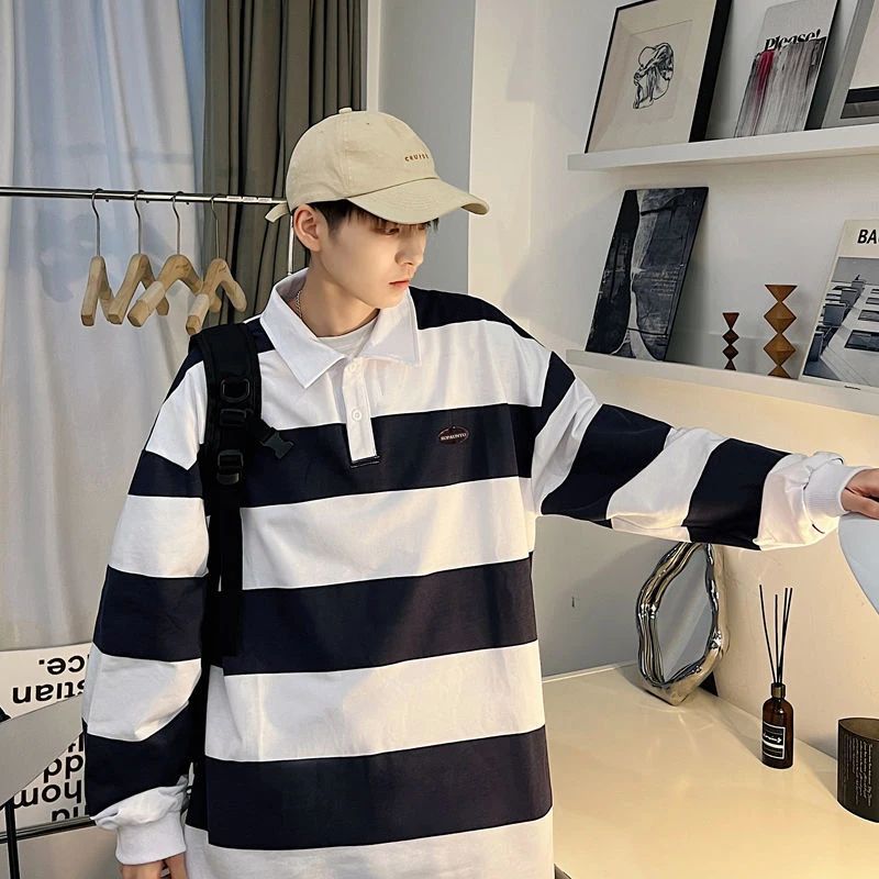 Black White Striped Print O Neck Men Long Sleeve Polo T Shirt Japan Style Fashion Casual Harajuku Oversized Top Tee Hip Hop Punk