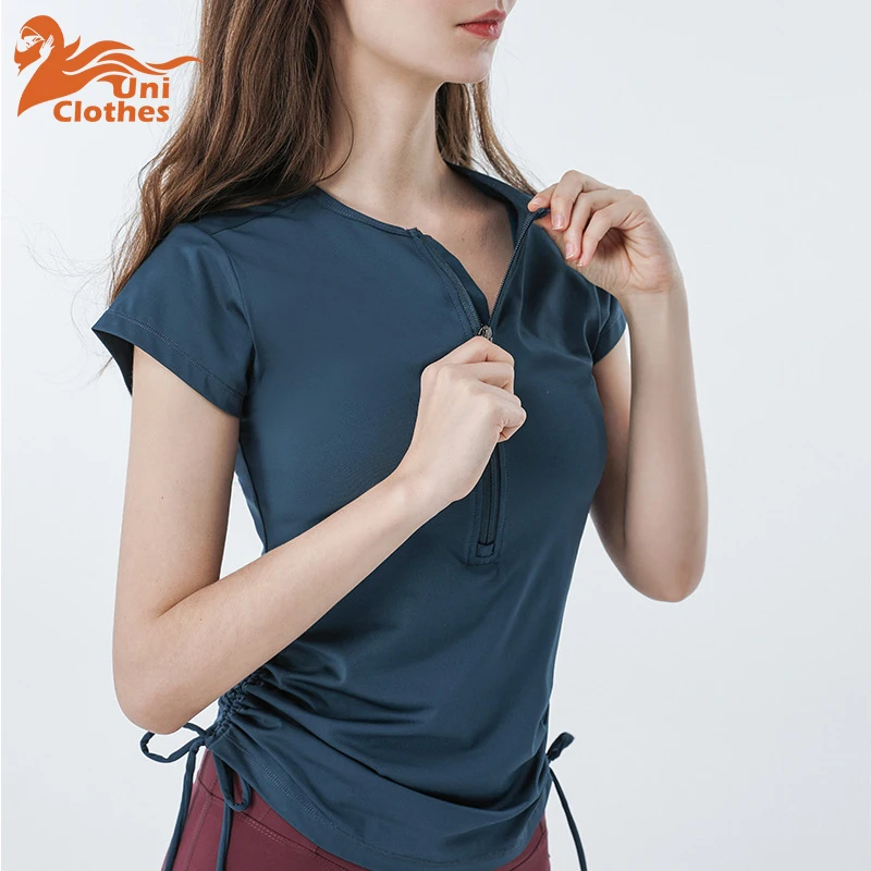 

UNI Women's Yoga Sportswear Zipper Half Open Cardigan Thin Breathable Short Sleeve Running Fitness Top Polyester Fiber Summer