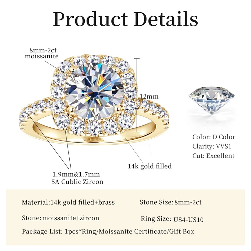 Lnngy Certified 8mm 2ct Moissanite Halo Engagement Ring Exquisite Square Shape Wedding Rings For Women Party Jewelry Gift