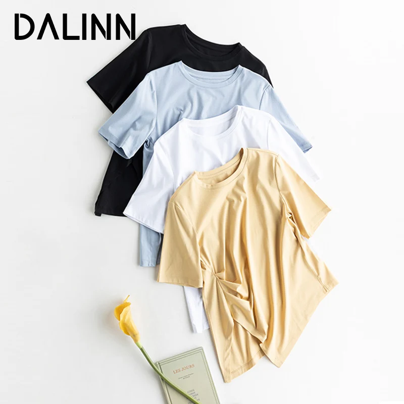 

Woman T Shirts O Neck Short Sleeves Asymmetric Bottom 10%Real Silk Cotton Blend Natural Tee 2023 Spring Summer Cozy Top DALINN