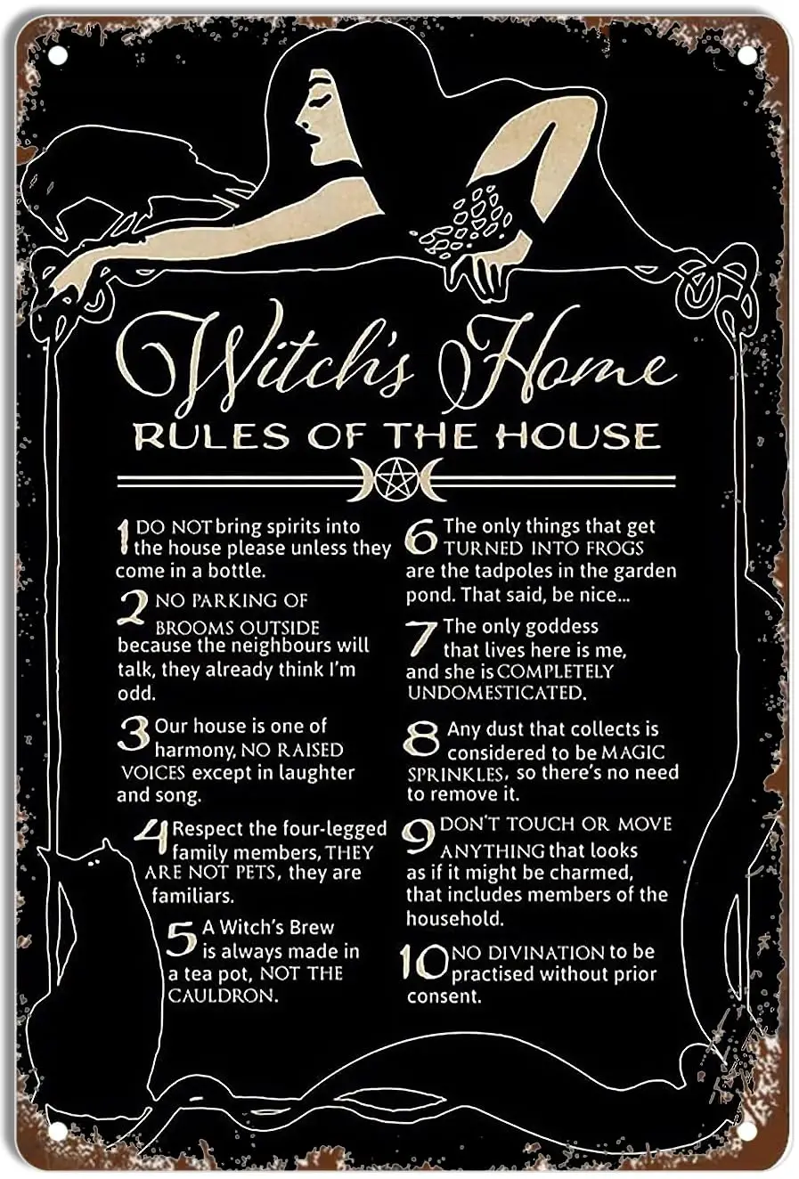 DHAEY Vintage Metal Tin Sign Witch;s Home Rules of The House Witch Rules Tin Signs Iron Painting Home Family Lovers Gift Funny B