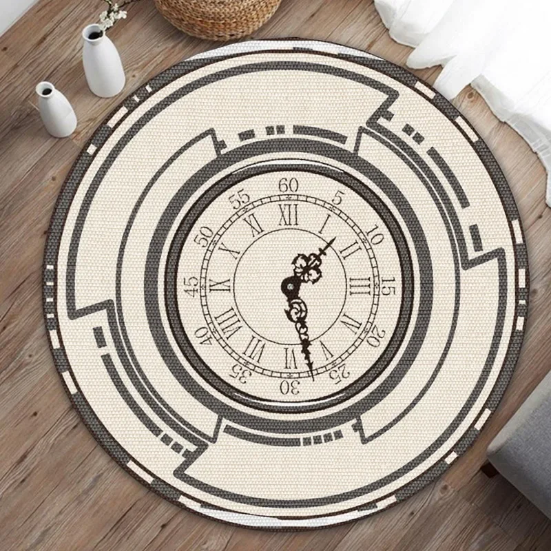 Retro Clock Round Carpet For Living Room Abstract Modern Style Carpet Bedroom Decor Home Anti-Slip Soft Area Floor Rug Chair Mat