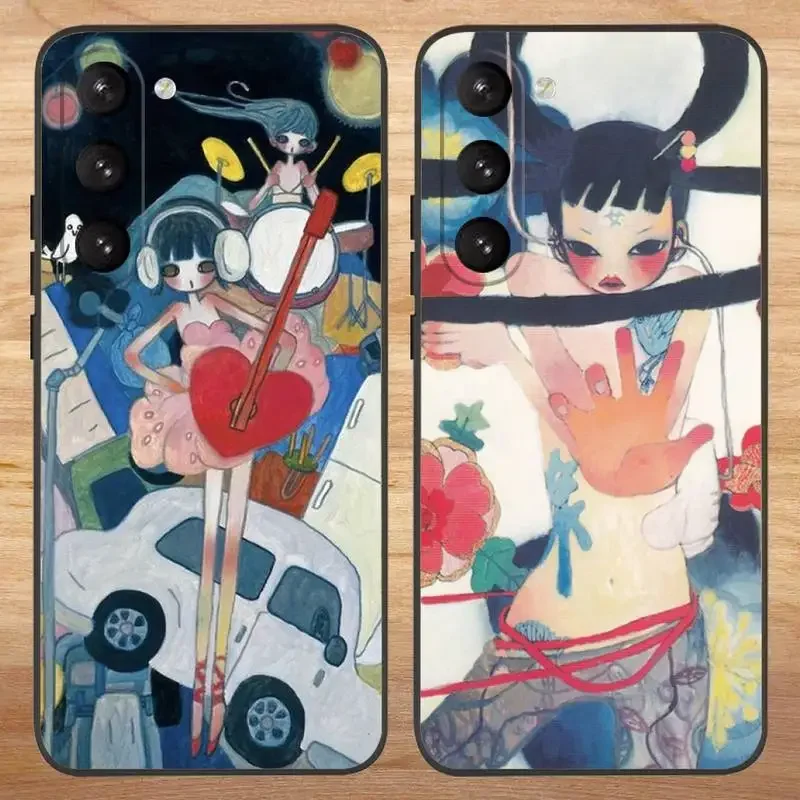 Aya Takano Art Phone Case For Samsung S23,23,22,30,21,10,9,Note20 Ultra,Lite,Ultra,5G,Plus,FE,Black Soft Case