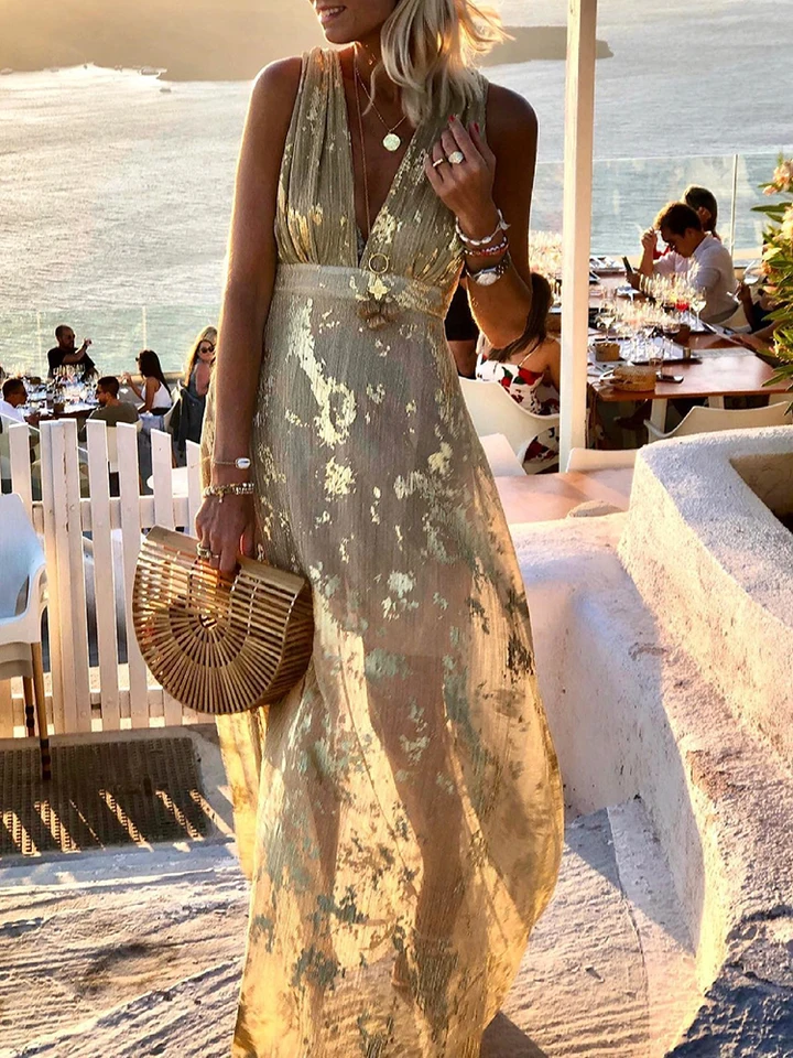 boho style party dresses Fashion Deep V Neck Dress Women Elegant Gold Stamping Off Shoulder Long Dress Summer Casual Sleeveless Beach Size:NUM2 outdoor gatherings $$$ Luxury Princess diana in australia