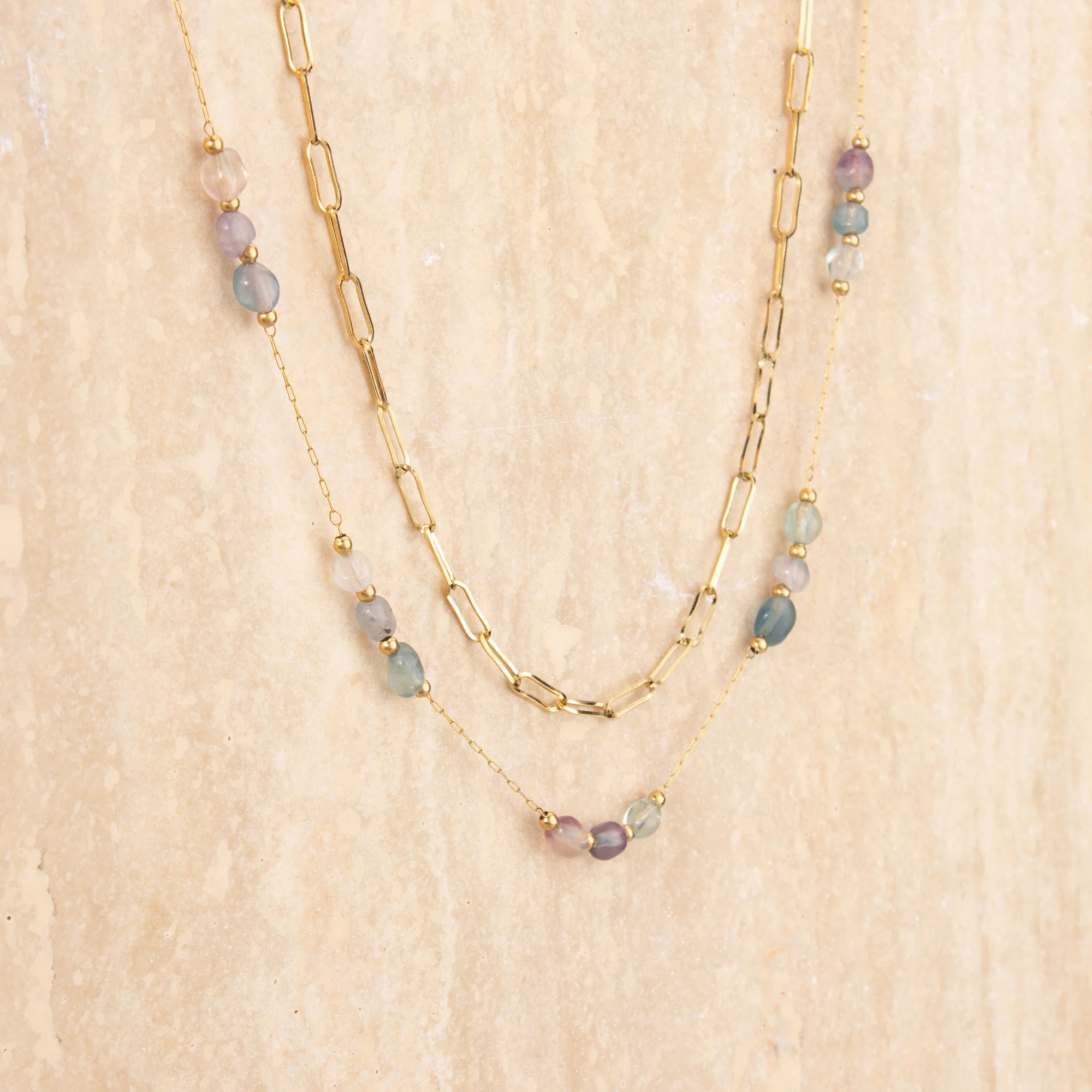 GUFEATHER ، MH55 1 جزء/الوحدة قلادة الموضة اليدوية 18 كيلو مطلية بالذهب الفولاذ المقاوم للصدأ الأحجار الطبيعية قلادة مزدوجة الطبقات #5