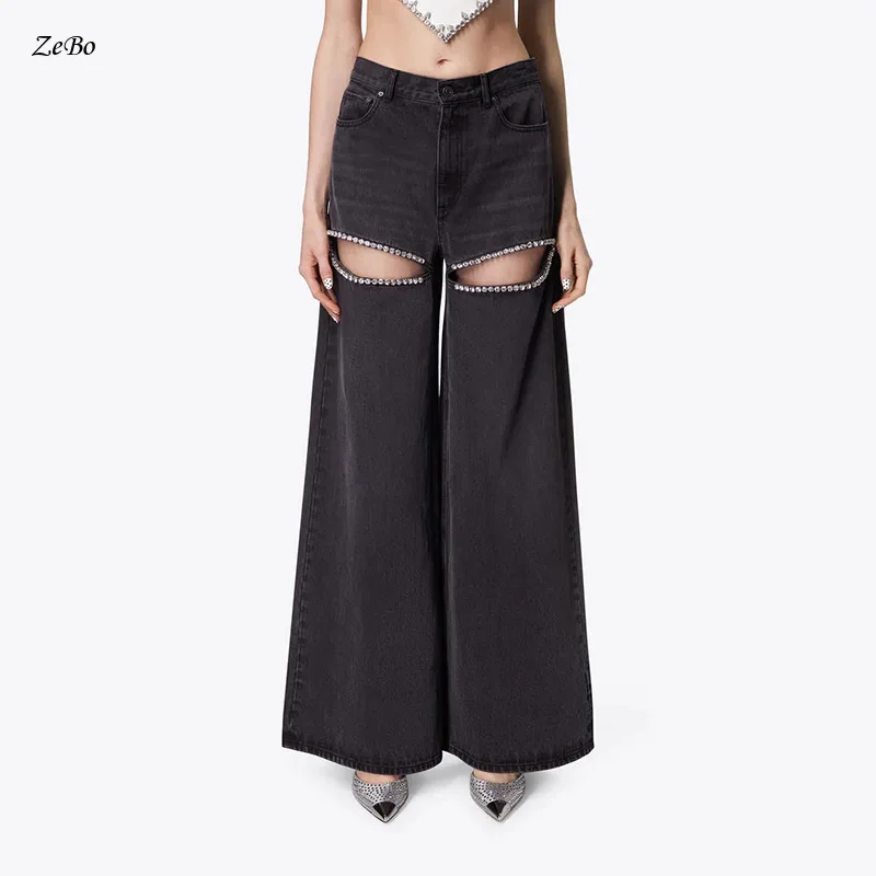 

Featuring A Niche Design With Diamond Inlaid Wide Leg Pants Spring 2024, The New Fashionable High Waisted Studded High-End Denim