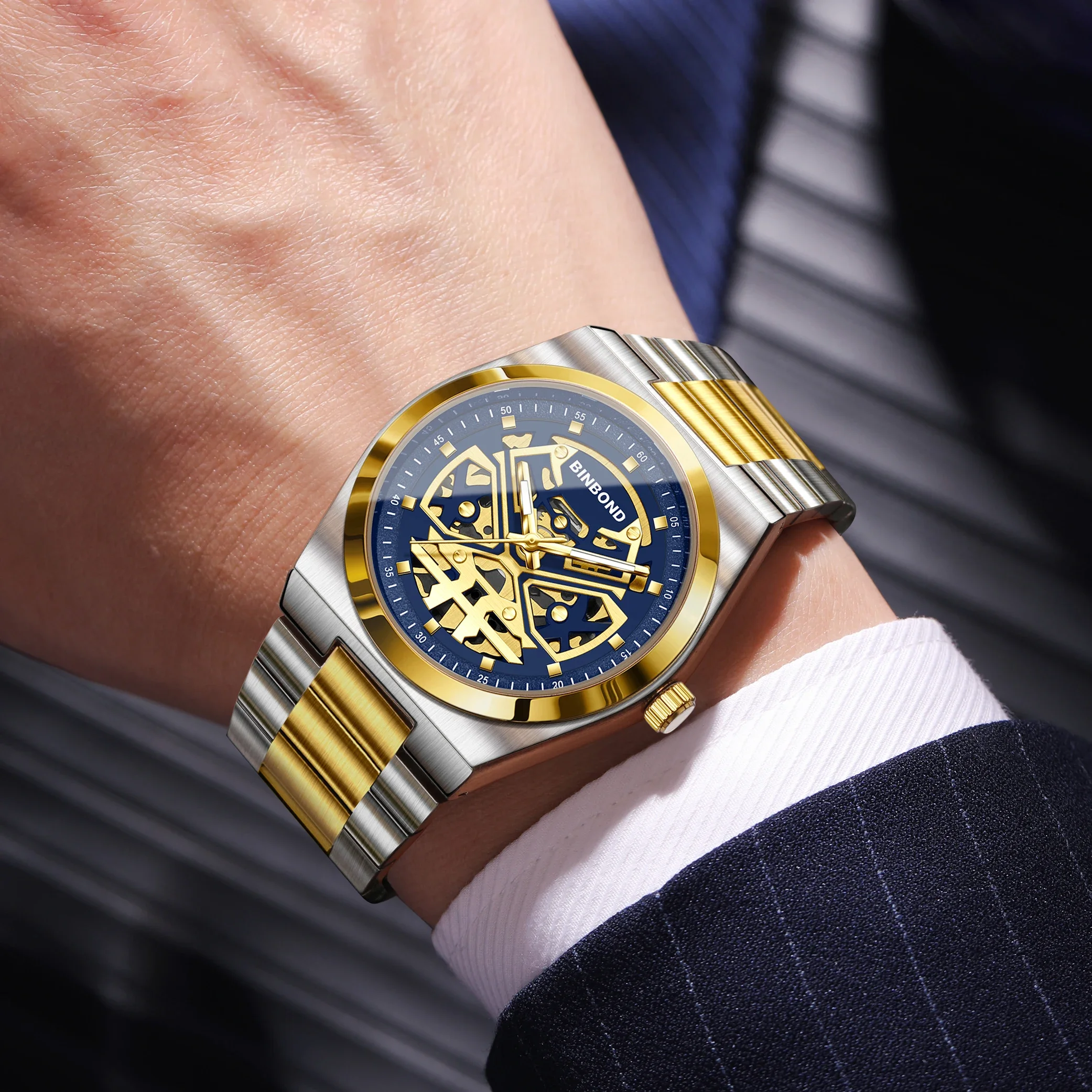 BINBOND العلامة التجارية الفاخرة رجل ساعة اليد مقاوم للماء مضيئة الهيكل العظمي الجوف الرجال الساعات الفولاذ المقاوم للصدأ كوارتز ساعة رجالي الذكور