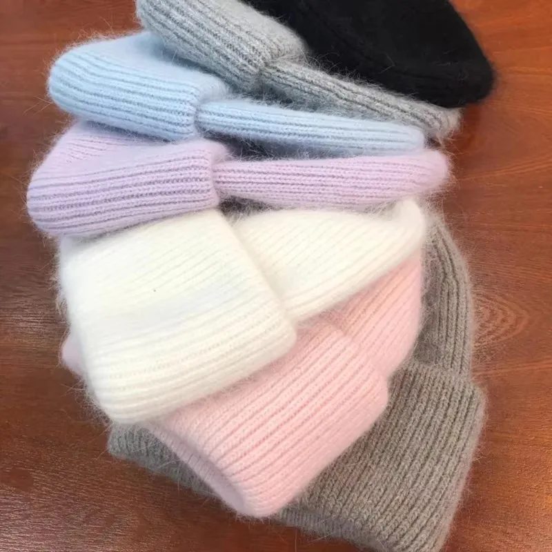 Ladies Furry Knitted Beanie Hat Stretchy Warm Skullcap Multi‑Solid‑Color Headgear for Cold Weather Daily Travel Outdoor Outfit
