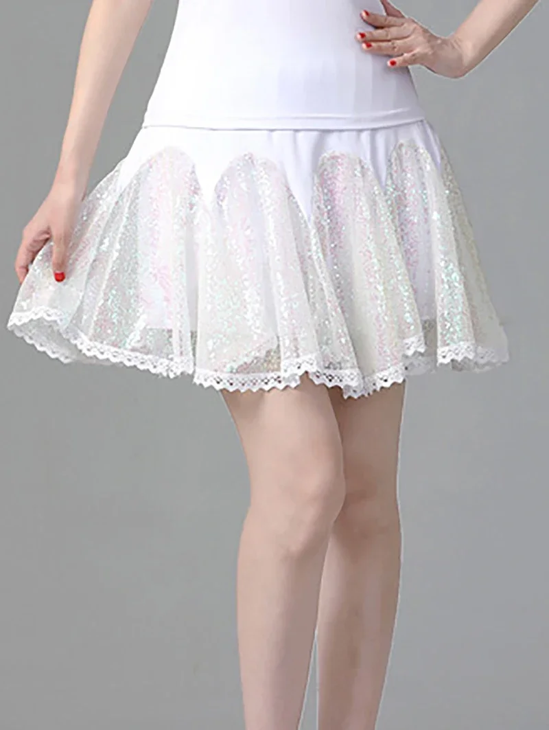 Adult Latin Dance Costume Glitter Sequin Embroidered Dance Skirt Pleated Skirts Modern Dance Dress for Women Ballroom Dancewear