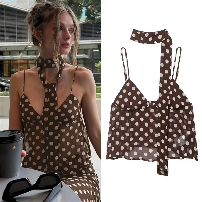 2026 Summer New Women's Top Red-Brown Polka Dot Camisole with Scarf Decoration Sexy Top Beach Vacation Fashionable and Unique