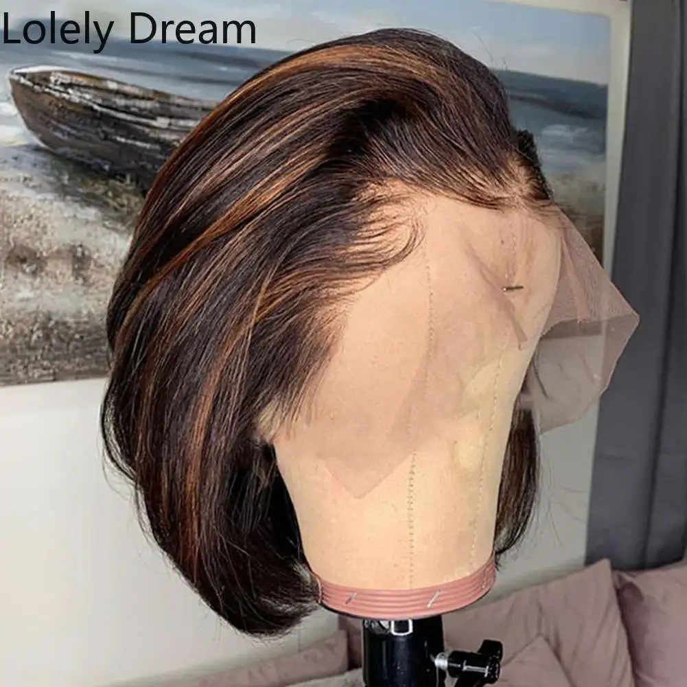 Highlight Honey Blonde Color Short Bob Lace Front Wig Brazilian Remy Human Hair Pixie Cut 13X4 Frontal Wigs For Women Preplucked