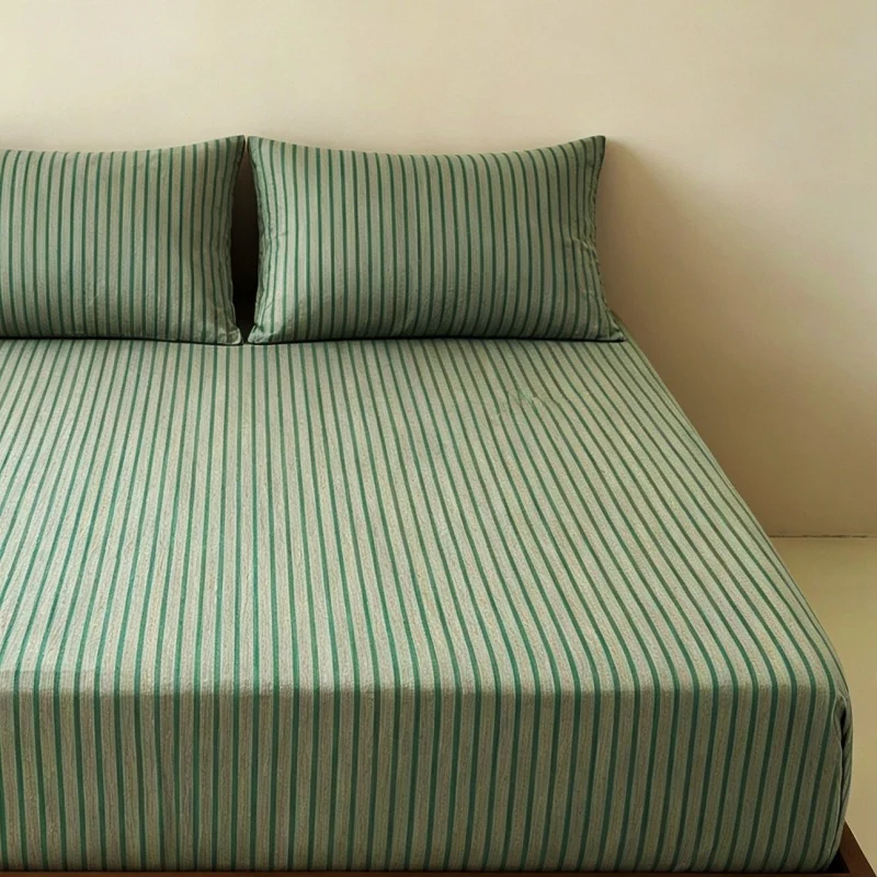 3Pcs Stripe Fitted Bed Sheet With Elastic Band Anti-slip Adjustable Mattress Cover (Pillowcase without pillow core))