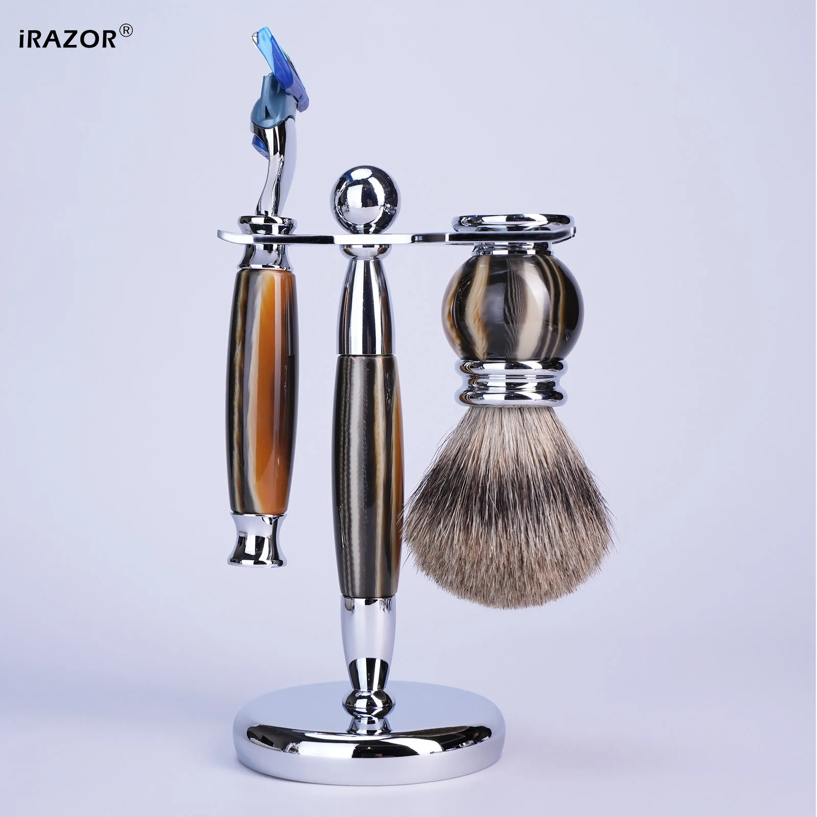 iRAZOR الفاخرة 5-Blade F5 الانصهار الحلاقة الحلاقة عدة للرجال مع الراتنج مقبض الفضة الغرير فرشاة شعر السلطانية أداة تهذيب الشعر هدية