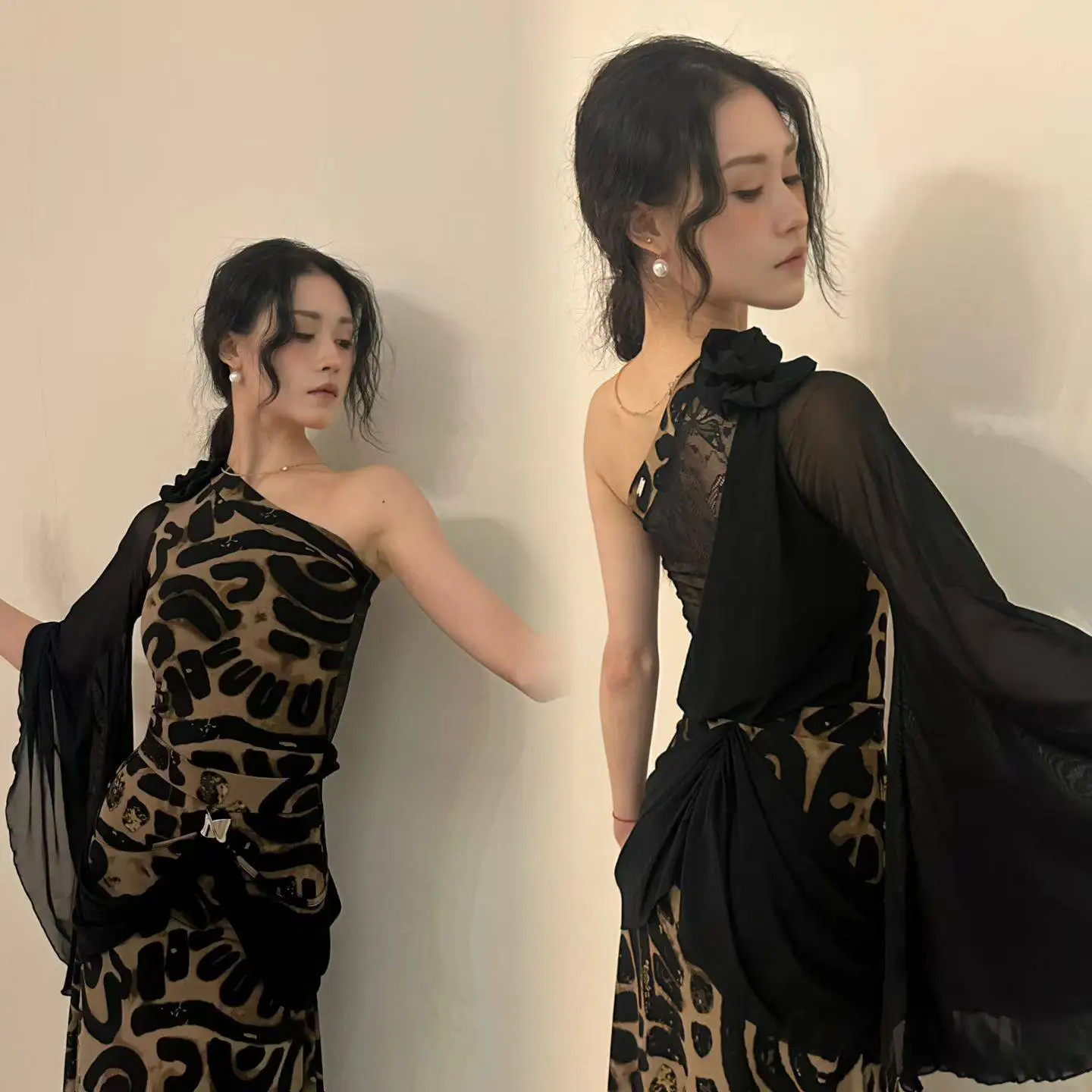 2025 국가 표준 댄스 의상 모던 볼룸 댄스 의상 여성용 레오파드 프린트 슬랜트 숄더 퍼포먼스 드레스 DN22573