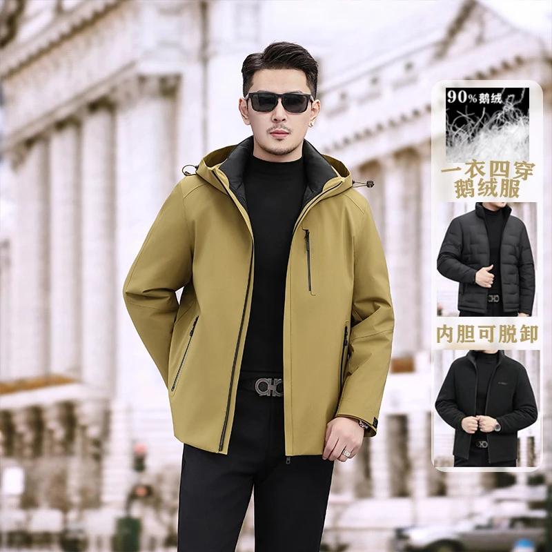 Ture 90% White Goose Duck Windbreaker Men 2025 Winter Classic Wind-proof Hooded Jacket Thick Detachment Outdoor Warm Zipper Coat