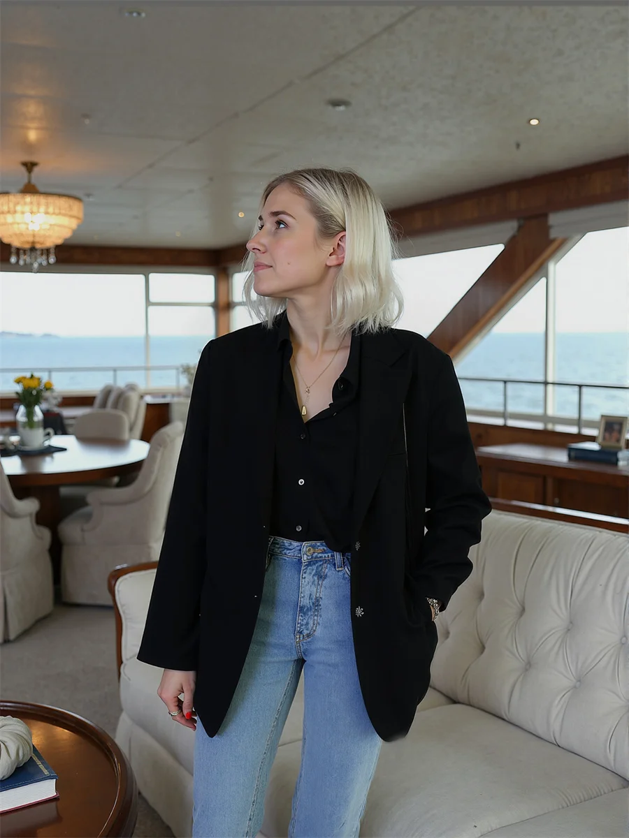 Effen klassieke blazers met enkele rij knopen voor dameskleding Dames Ruches Strepen Gewatteerd Gebogen suède Asymmetrisch verzameld Koffie Marine