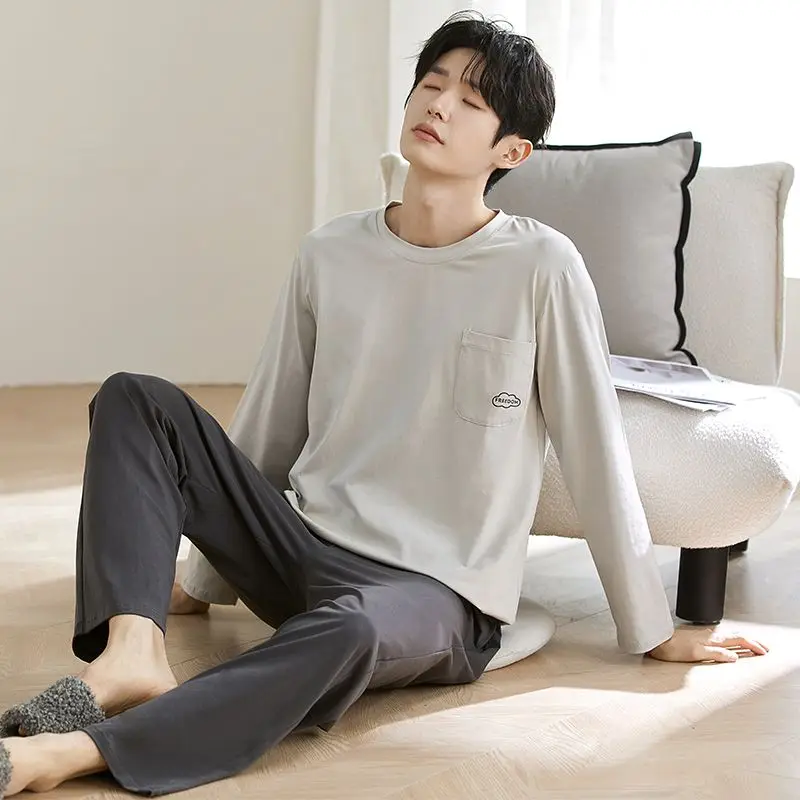 أطقم بيجامات قطنية 100% بأكمام طويلة لخريف 2025 للرجال ملابس نوم كورية فضفاضة عالية الجودة ملابس منزلية للرجال ملابس منزلية #5