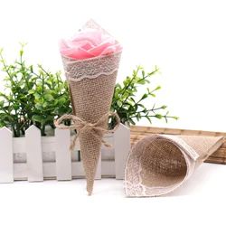 50pcs/lot 15*15cm Burlap Jute Hessian Pew Cones Bouquet Bag Flower Holder for Christmas Party Baby Shower Supply Wedding Decors