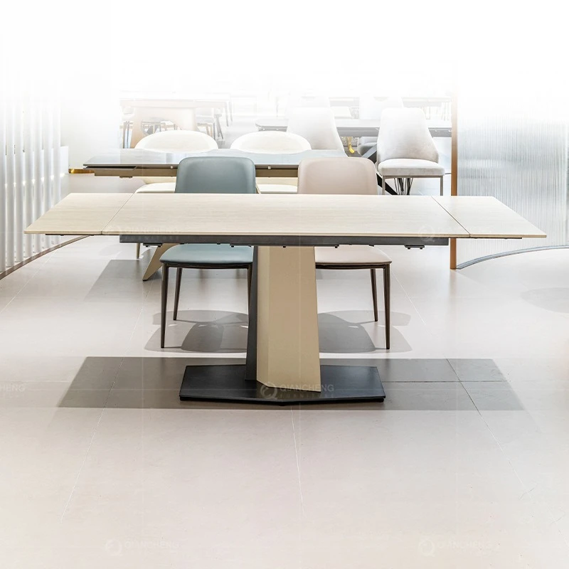 functional retractable dining table, modern light luxury 10-person rectangular rock slab dining table