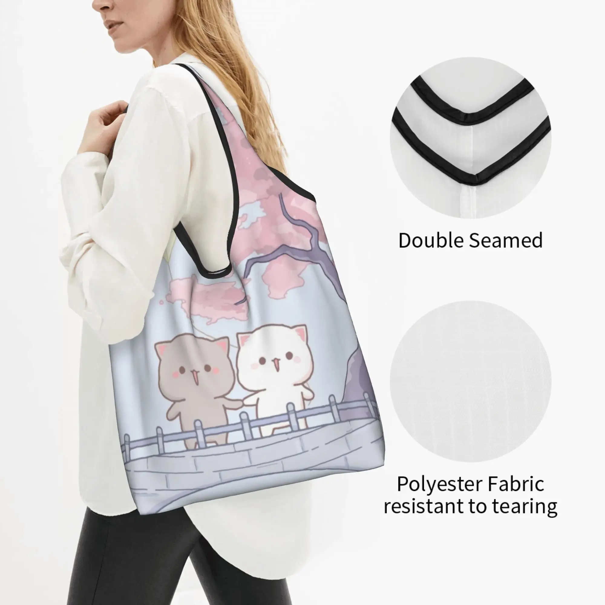 Cute Printed Romantic Peach And Goma Mochi Cat Shopping Tote Bag Portable Shopper Shoulder  Handbag
