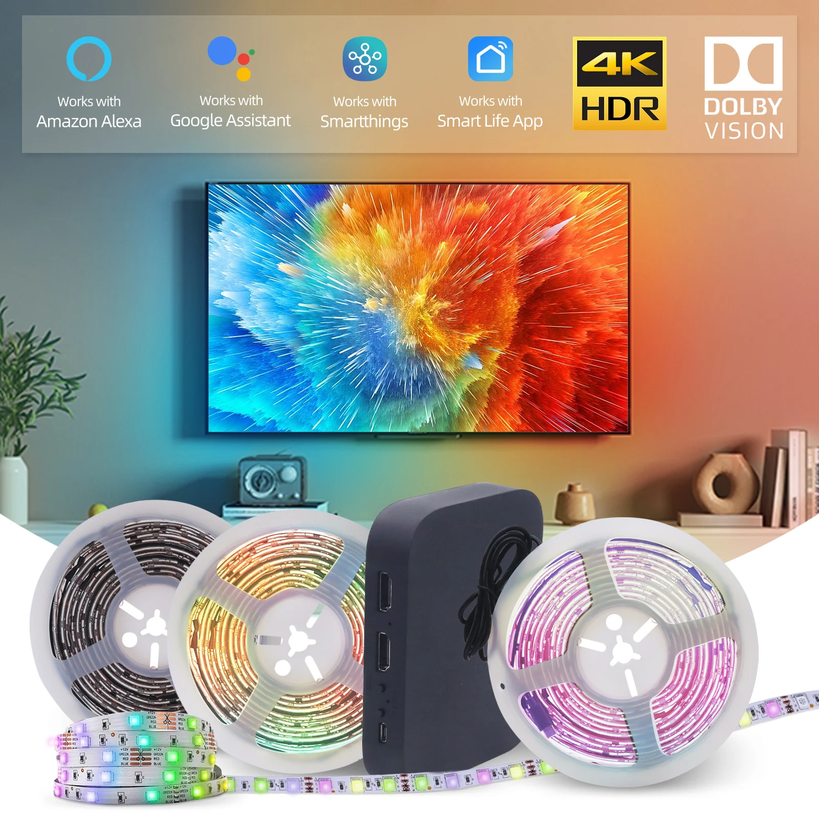 스마트 AI 화면 동기화 상자 주변 LED 스트립 TV PC 모니터 백라이트 HDMI 2.0 4K 게임 음악 조명 WIFI Alexa Google Assistant