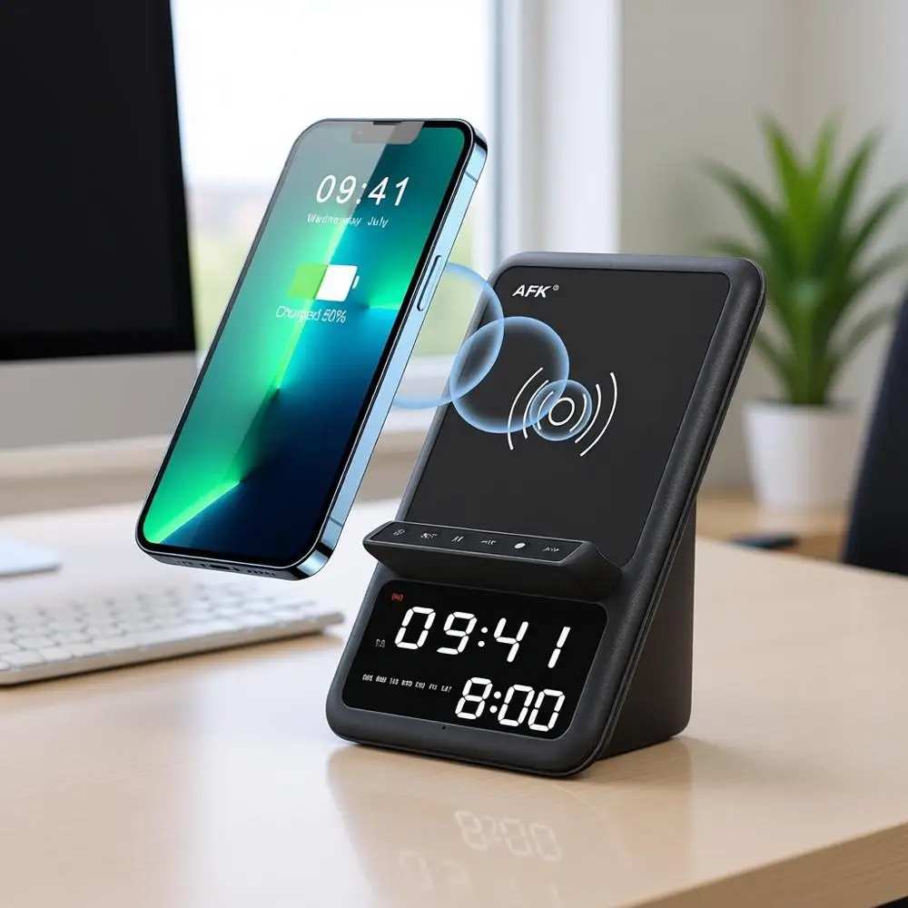 

Wireless Charging Station with Bluetooth Speaker and Alarm Clock, Compatible with iPhone, Android Phones (Black)