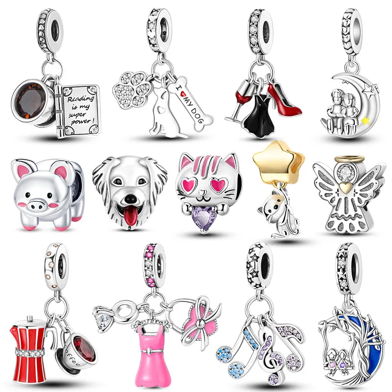 925 Silver Plated  Dangle Charms Dog Cat Coffee Fashion Jewelry Fit Original Pandora Bracelet Making