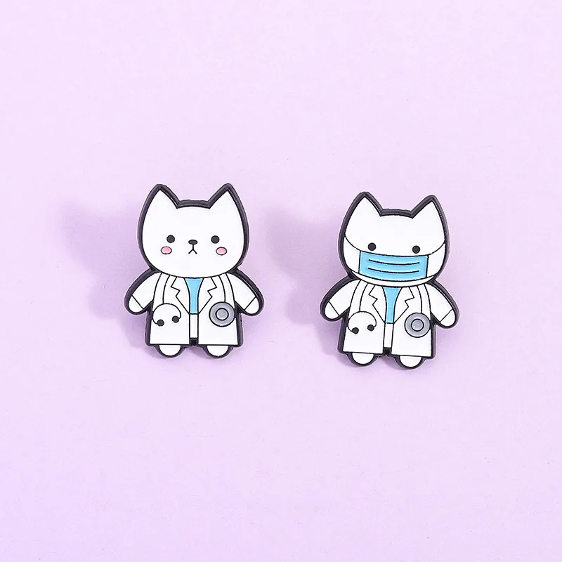 Cartoon New Cute White Cat Doctor Brooch Metal Pins Badges for Daily Casual Gift Accessory DIY T-shirt Clothing Bags Shoes Jeans