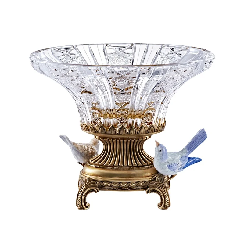 

European crystal glass with copper fruit plate, American living room coffee table candy basin large dried fruit basket