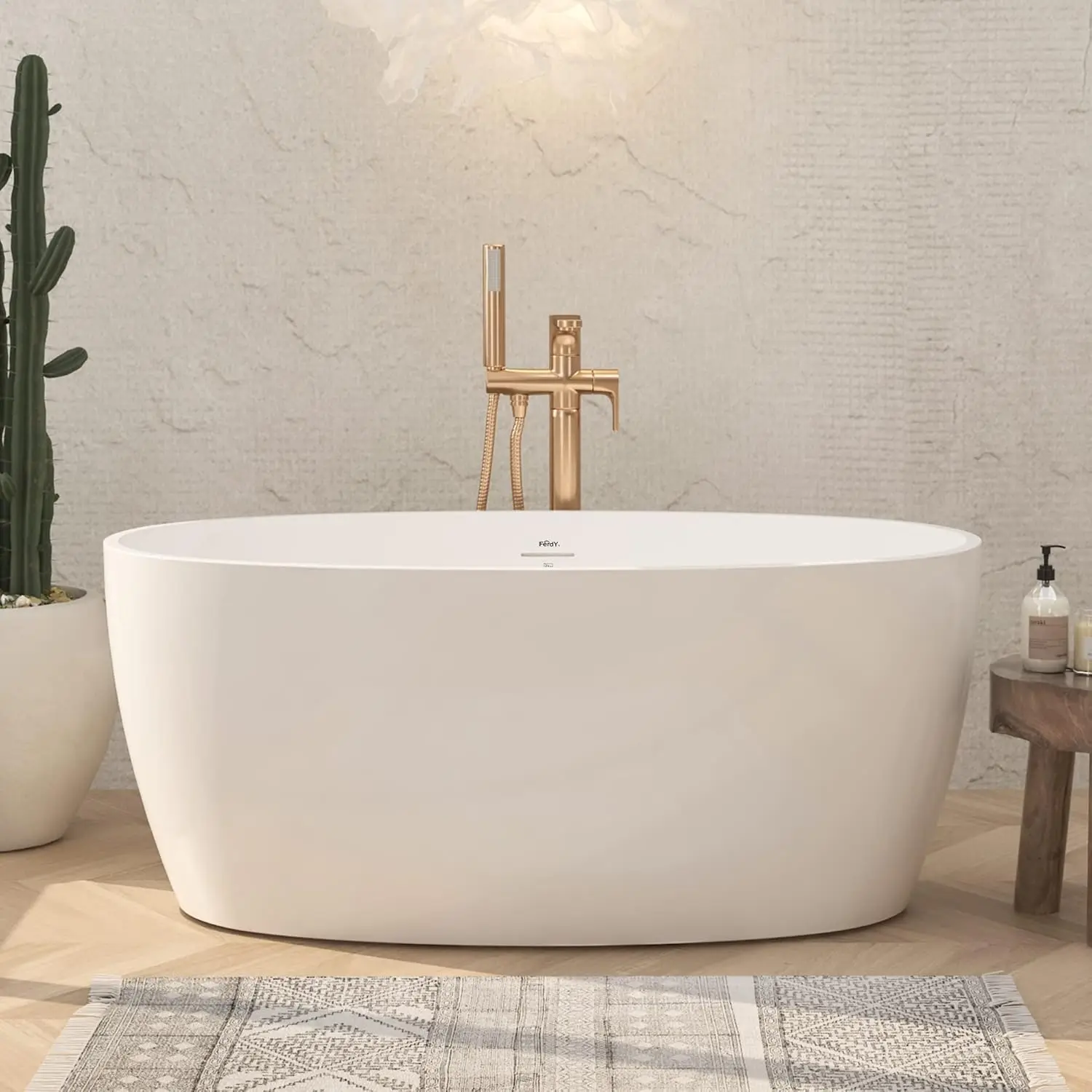 

Tahiti 55" Acrylic Freestanding Bathtub, Elegant Oval Shape Soaking Bathtub, Glossy White, Brushed Nickel Drain & Integrated Slo