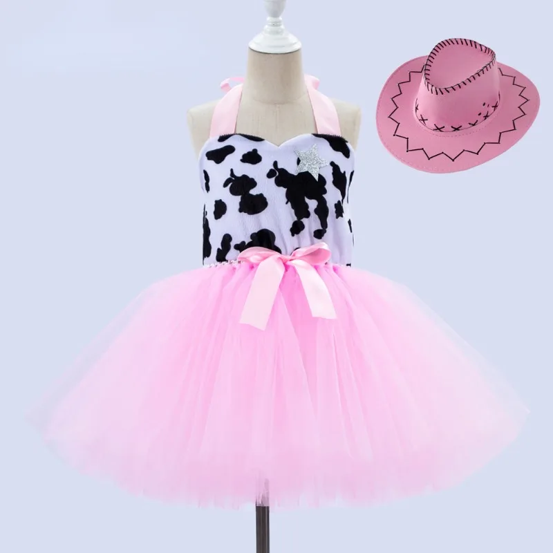 New high-quality Costumes for Girls Birthday Halloween Cowgirl Fancy Dress with Hat Kids Pink Cow Tutu Outfit Animal Clothes Set