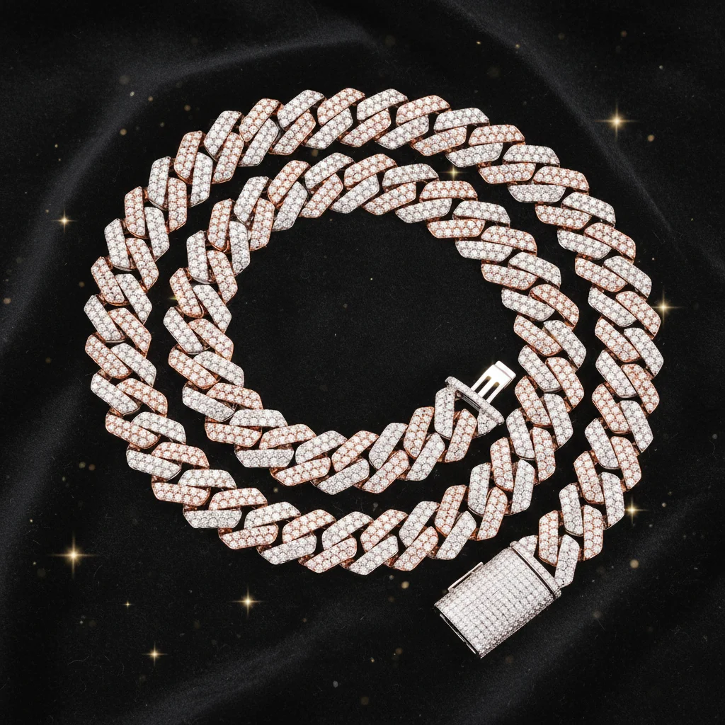 Moissanite .Hot Sell Cuban Link Chain 8MM Silver Cuban Chain Cheap Wholesale 925 Miami Two Rows Rose Plated Cuban Link Necklace