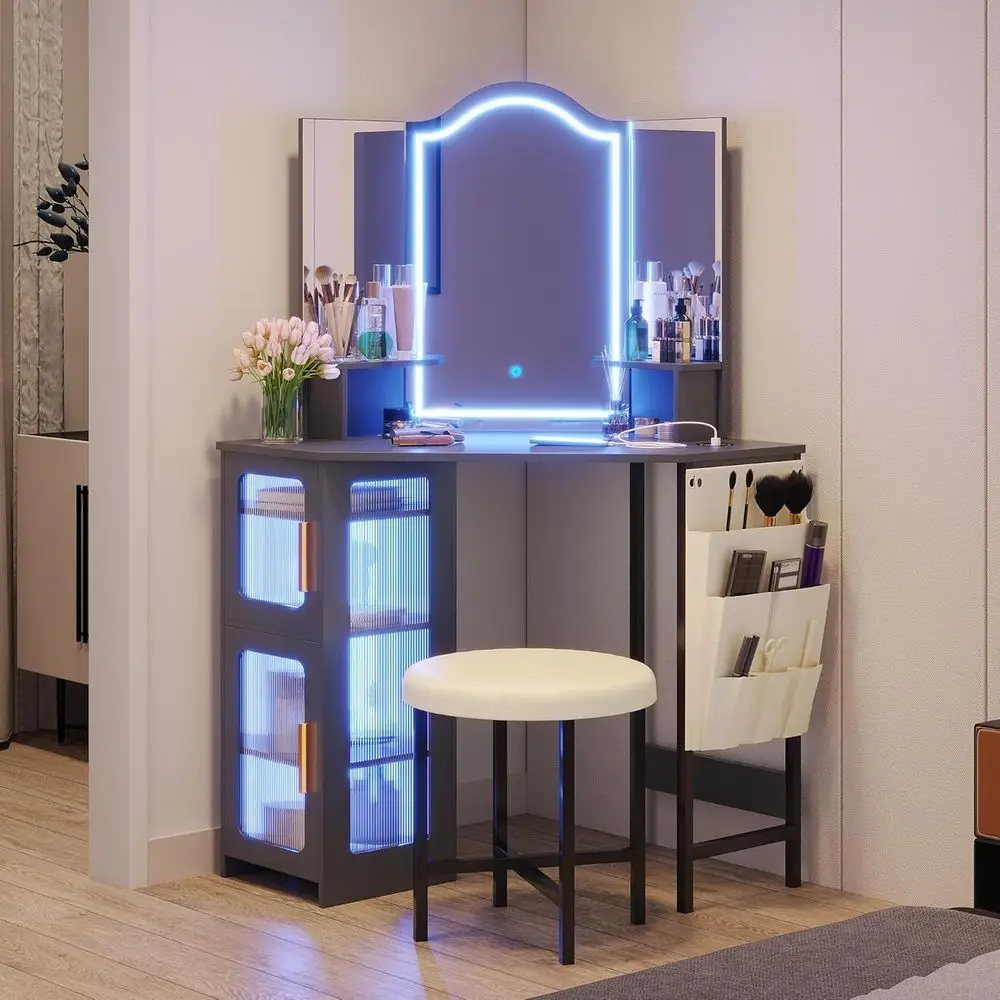 

3-Way Mirror Vanity Desk with Lighting, Charging Station, 44 Large Bedroom Dressing Table Set with Stool and Shelves, Suitable f