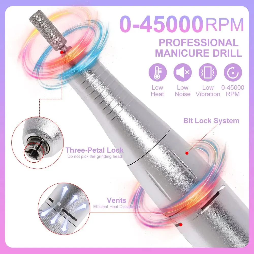 Professional 45000RPM Electric Portable Nail Drill Machine Rechargeable Low Noise Nail Sander File for Manicure Salon Tool