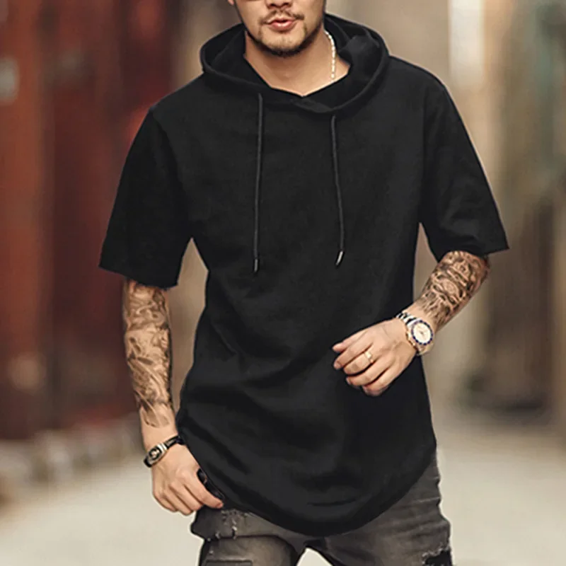 Mens Solid Colour Short Sleeve Sweatshirt T-Shirt Loose Hip Hop Rounded Hem Side Zip Casual T-Shirt Mens， harajuku